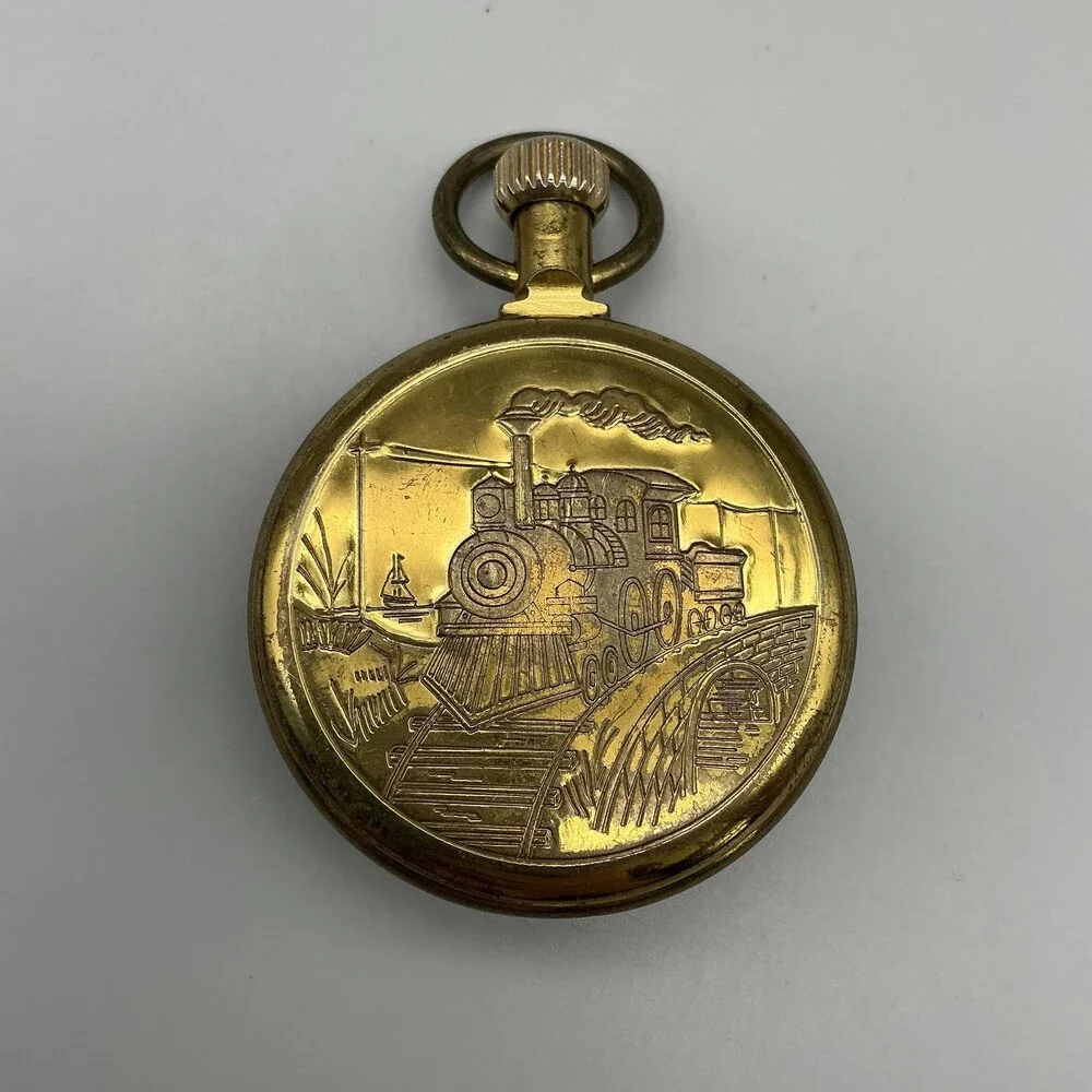 Vintage Sears Pocket Watch Men 50mm White Dial Gold Tone Train Case Manual Runs